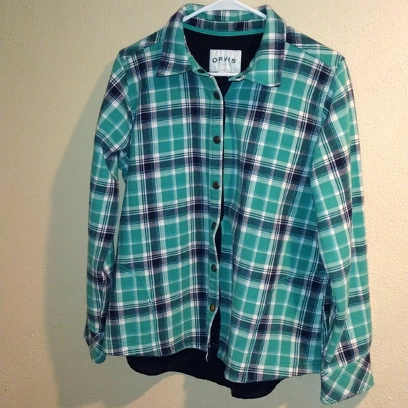 Orvis Shacket Plaid Flannel Turquoise Navy Fleece Lined XL - Picture 1 of 6